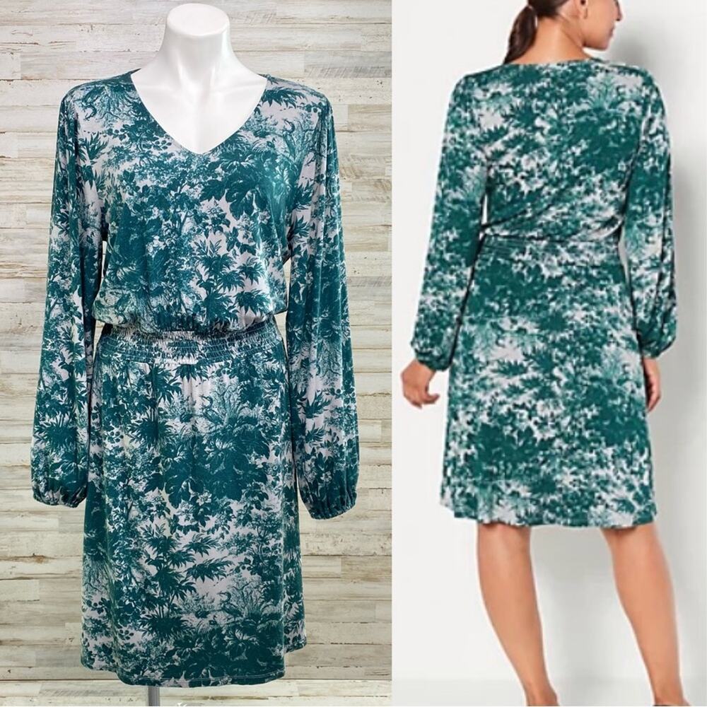 Jason Wu Stretch Long Sleeve Dress Womens Size M Teal Green Print Smocked Waist